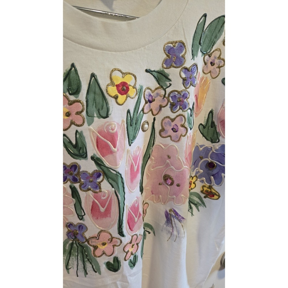 Hand Painted Floral T Shirt Single Stitch Vtg USA Rhinestone Art Tee OSFA M/L - Picture 3 of 8